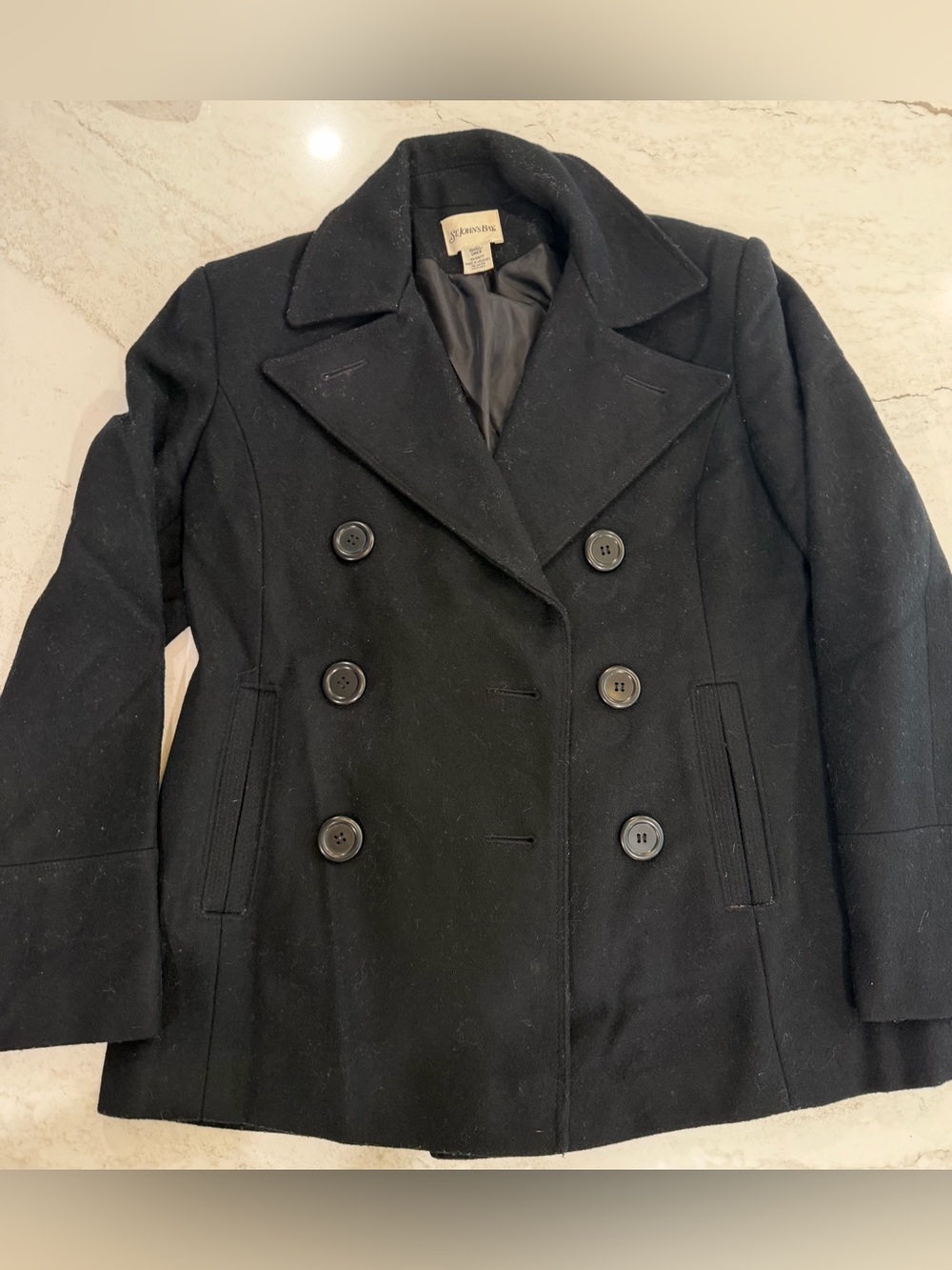 St. John's Bay Women's Black Double-Breasted Pea Coat with Wide Lapels